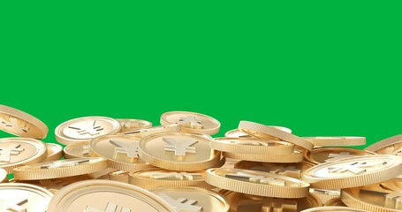 Animation of pile of multiple gold japanese yen coins on black background