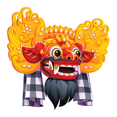 Balinese Barong mask with intricate golden carvings and fabric. Vector illustration