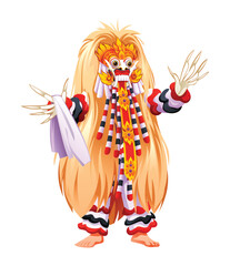 Traditional Rangda dancer from Bali in full costume with long hair and fierce mask. Vector cartoon character illustration