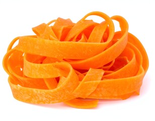 Close-up of vibrant orange vegetable ribbons on a plain white background