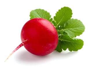 Vibrant red root vegetable with green leaves on white backdrop