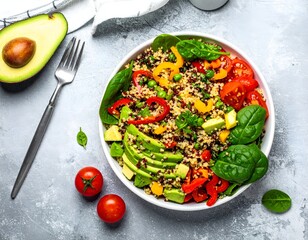 Colorful quinoa bowl with fresh vegetables, avocado, and tomatoes