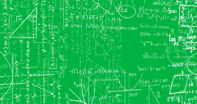 Animation of white mathematical equations and geometric drawings on blackboard