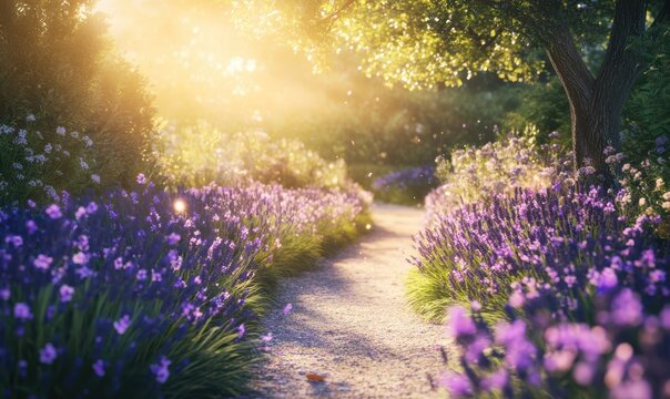 Scenic garden path lined with blooming lavender and wildflowers, soft golden light filtering through the trees creating a tranquil outdoor escape, perfect for nature lovers,