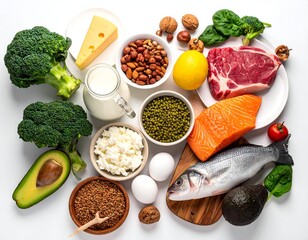 Assortment of diverse foods on white surface, promoting balanced nutrition