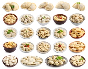 Frozen, boiled, and arranged dumplings in various bowls/plates