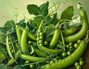 Lush green painting of peas, pods, vines, and leaves, vibrant in detail
