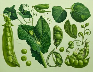 Watercolor botanical illustration of various stages of peas & leaves