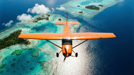 Naklejka premium Top-down aerial of an orange bush plane flying over tropical lagoons