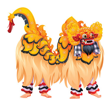 Balinese Barong Ket creature costume with golden ornaments and fur. Vector cartoon illustration