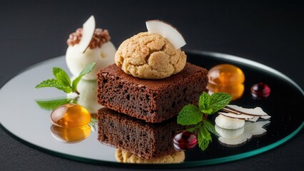 Gourmet chocolate brownie square served with ice cream, cookie, mint, and amber jellies on a reflective mirror plate