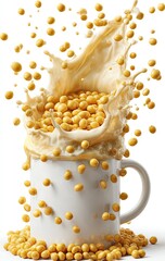 Soybeans cascade into a mug, splashing liquid