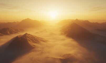 Scenic mountain landscape at sunrise with golden rays illuminating misty peaks and valleys, creating a serene outdoor escape, perfect for adventure photography,