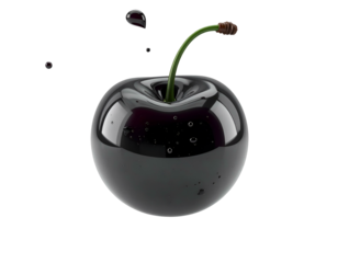 Glossy, dark-purple cherry with a green stem and water droplets, isolated