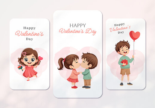 Valentine's Day Social Media Story Template with Cute Cartoon Kids and Heart Background
