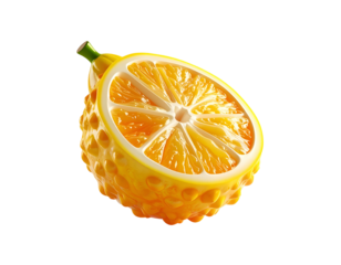 A rendered half-section of a fruit with bright yellow peel and inner segments
