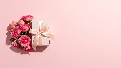 Pink roses and gift box with ribbon on pink background