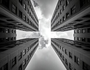 Upward view tall buildings frame sky