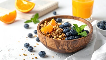 Granola, yogurt, blueberries, orange, juice