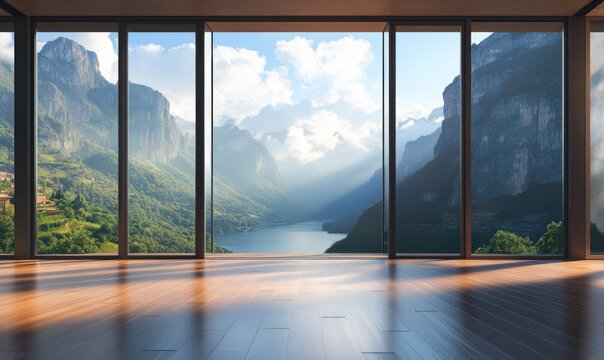 Scenic mountain view through large glass doors, warm sunlight illuminating the wooden floor, clean minimalist interior design creating a calm and serene space,