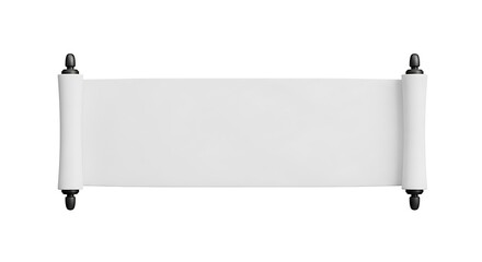 Blank white scroll banner, unrolled with dark handles, for text or graphics, isolated on white background
