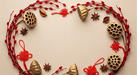 Rustic Chinese New Year frame with golden dried lotus pods, star anise and red willow branches. Top view flat lay background with copy space for lunar festival greeting card.