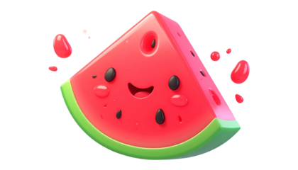 Cartoon slice of watermelon with a smiling face and red droplets