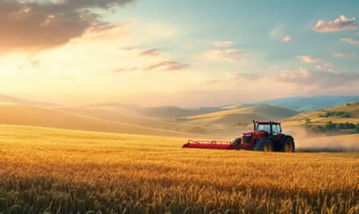 Obraz premium Scenic rural landscape with a red tractor plowing a golden wheat field, surrounded by rolling hills under soft morning light, creating a nostalgic and peaceful view,