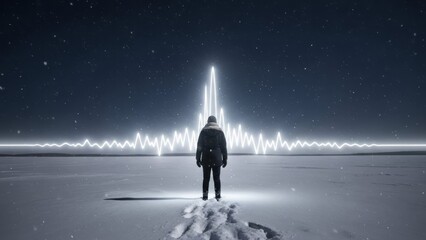 Person Standing in Snow with Sound Wave Visualization Landscape Winter Solitude. Concept featuring snow, landscape, sound wave, winter, solitude.