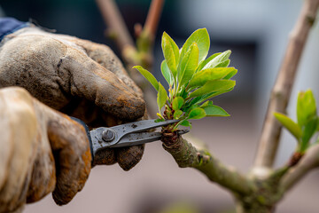 Hand pruning a young tree branch