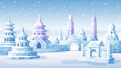 Fototapeta premium Snowy fantasy cityscape with ice palace, towers and archways under snowfall, winter wonderland scene with frozen architecture