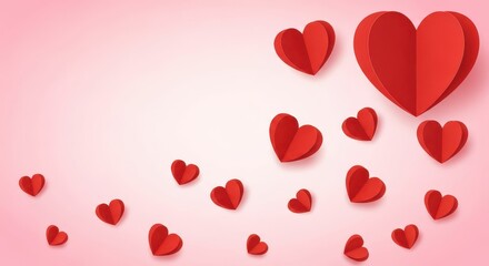 A collection of red paper hearts of various sizes scattered across a soft pink gradient background, creating a romantic and festive atmosphere for valentines day