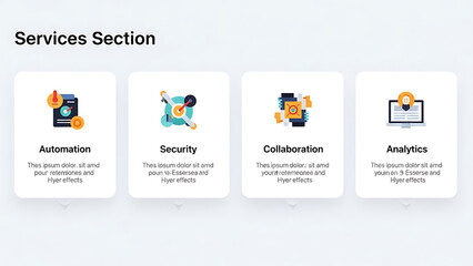 Business services section with automation, security, collaboration, analytics