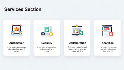 Business services section with automation, security, collaboration, analytics