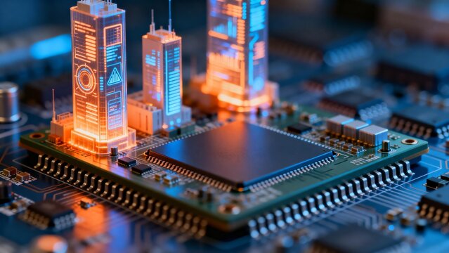 Circuit board with glowing skyscraper models - Powered by Adobe
