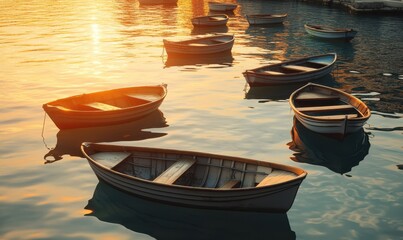 Scenic sunset view over a quiet harbor with small boats floating on calm waters, soft golden light reflecting off the surface creating a tranquil and romantic atmosphere