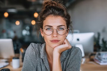 Skeptical woman peering over round glasses in a modern office portrait