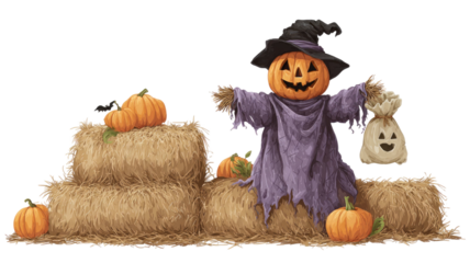 Cute Halloween pumpkin scarecrow wearing hat holding tea cup isolated on white background for cozy festive autumn illustration