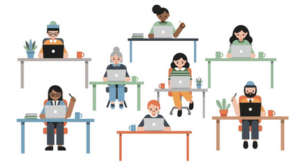 Diverse team collaborating remotely on laptops in a modern office setting, promoting teamwork and productivity