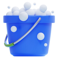 PNG 3D Blue Cleaning Bucket with Soap Foam Icon Isolated on a White Background