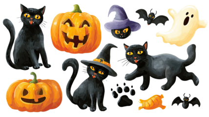 Cute Halloween black cat illustration with pumpkin isolated on white background for spooky festive decoration and seasonal design