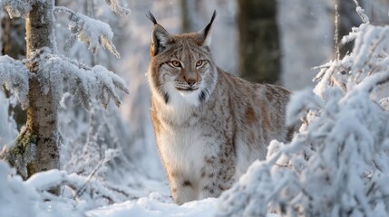 Obraz premium Snowy woodland scene with a lone lynx under cold winter light