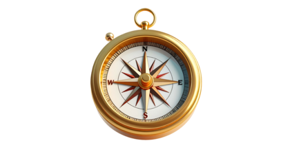 A detailed, isolated, golden compass, facing forward, on a black background