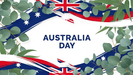 Australia day banner with australian flag and eucalyptus leaves on white background, patriotic design for national celebration, public holiday concept