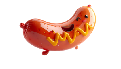 A cute, smiling, cartoon sausage with mustard on a black background