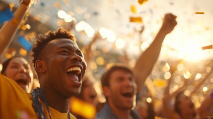 Excited fans cheering during a sports event or concert with confetti falling