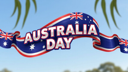 Australia day banner with australian flag colors and design, ribbon waving outdoors with palm trees and blue sky background