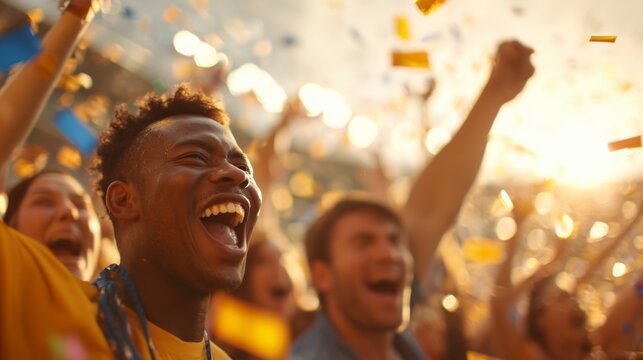 Excited fans cheering during a sports event or concert with confetti falling