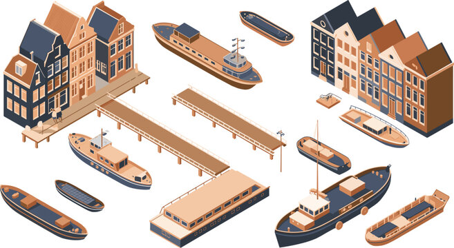 Isometric Amsterdam canal scene illustration with boats, piers, and traditional Dutch houses, waterfront city elements for travel and urban design