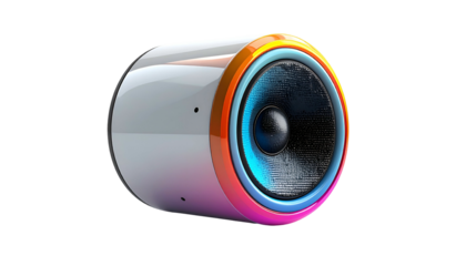 Glossy, futuristic cylindrical speaker with vibrant colored accents